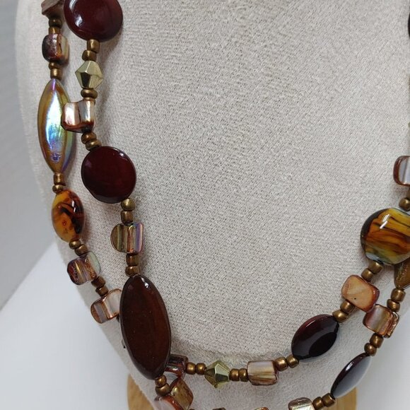 2/$30 Brown Glass Bronze Tone Pearls Necklace Beads Boho Retro Vintage doble 20" - Picture 5 of 8